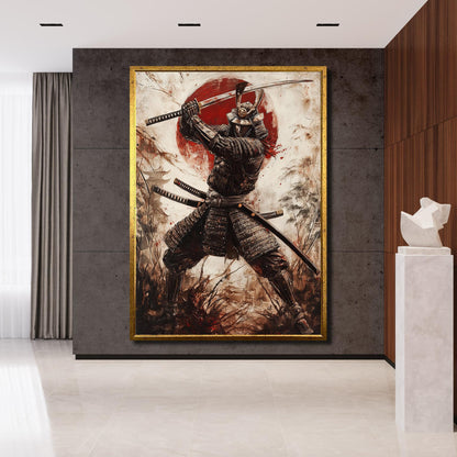 Home office wall decor featuring samurai artwork