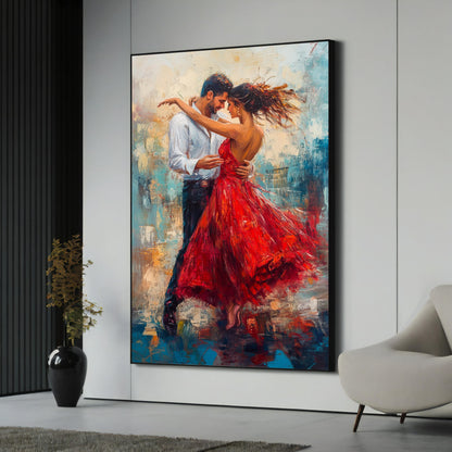 Couple dancing in a red dress canvas painting close-up