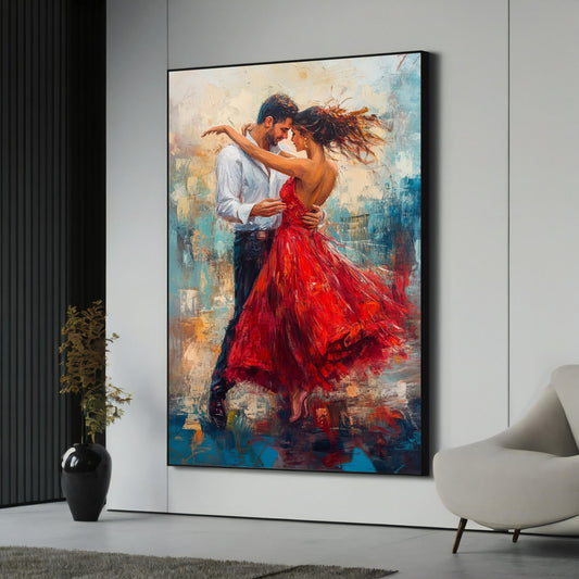 Couple dancing in a red dress canvas painting close-up