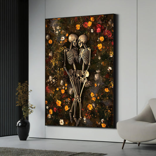 Eternal Love Skeleton canvas painting with romantic gothic florals
