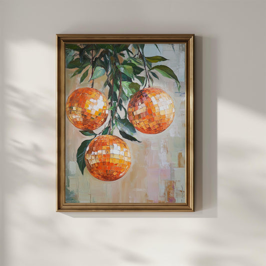 Disco Ball Oranges painting poster on wall in vintage 70s style