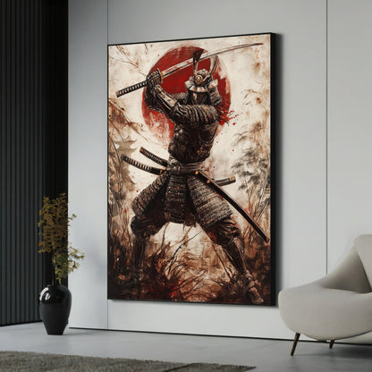 Epic Japanese samurai canvas painting close-up of warrior's face