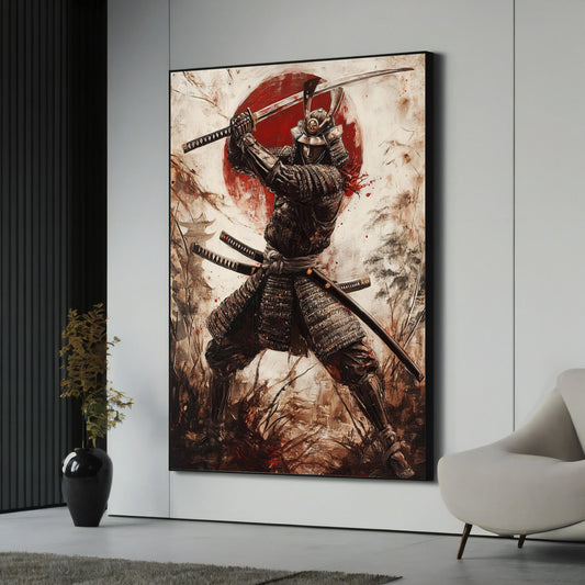 Epic Japanese samurai canvas painting close-up of warrior's face