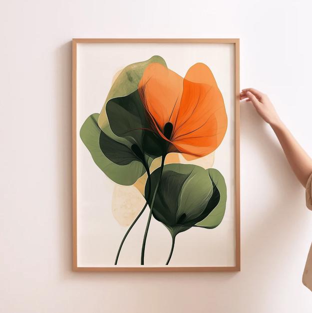 Close-up of a floral wall art print with a mid-century color palette