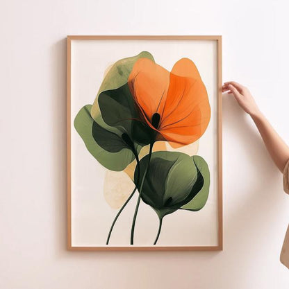 Close-up of a floral wall art print with a mid-century color palette
