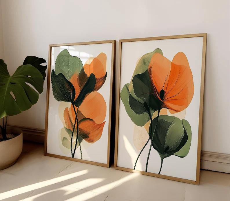 Abstract botanical wall art prints set of 2 for modern bedroom decor