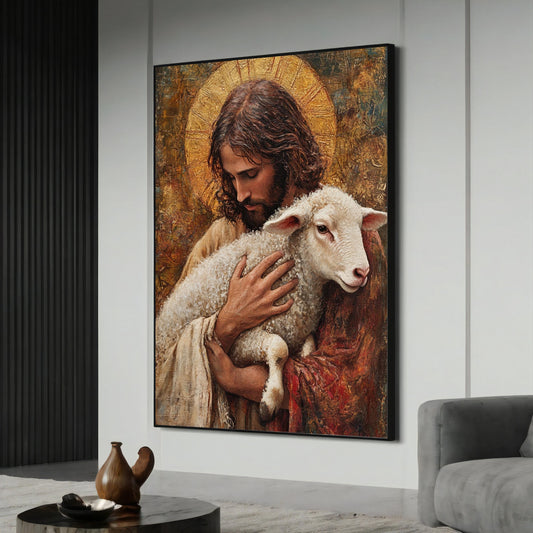 Jesus Good Shepherd canvas painting full view with Jesus and a lamb