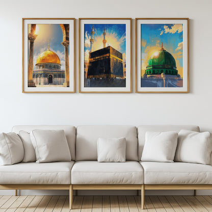 Geometric Islamic motifs with mosque silhouettes