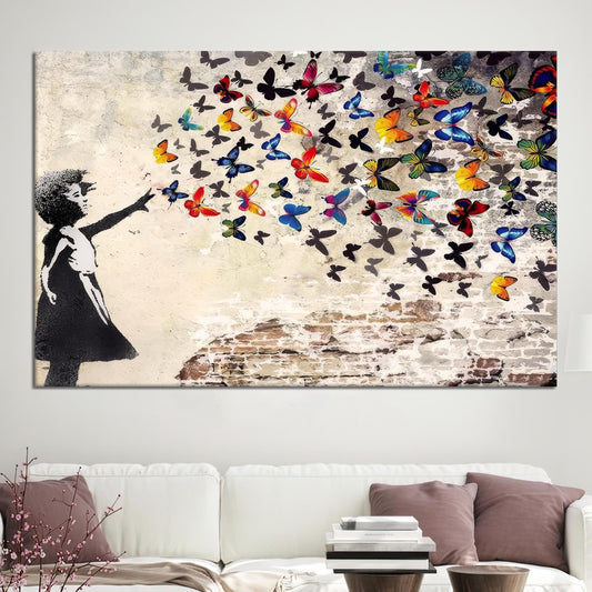 Butterfly girl canvas art in graffiti style hanging on wall