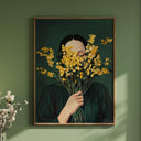 Emerald green woman portrait with mimosa flowers in Japandi minimalist style, front view