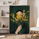 Close-up of mimosa blossoms against emerald portrait tones