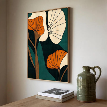 Mid-century modern inspired botanical art with calming greens