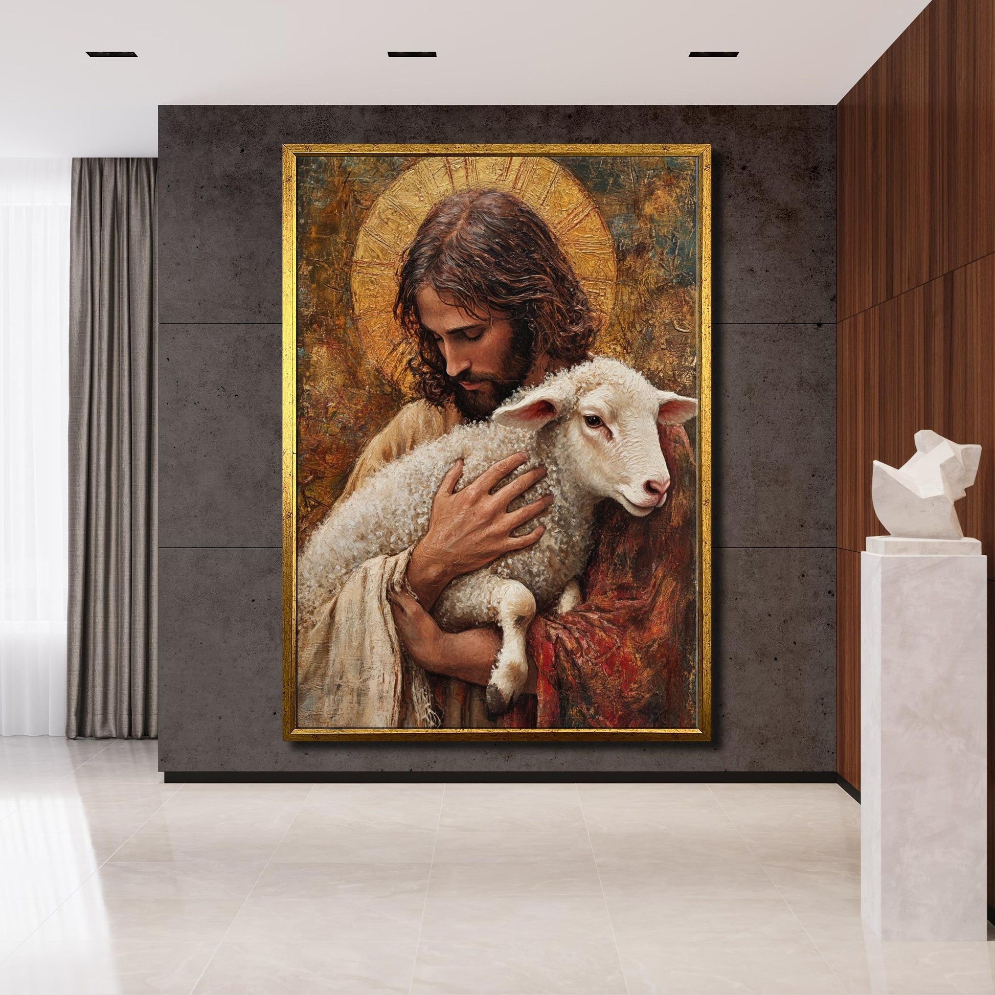 Close up detail of brushwork in Good Shepherd wall art