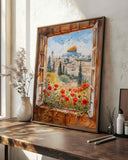 Close-up of Dome of the Rock surrounded by blooming poppies in soft tones