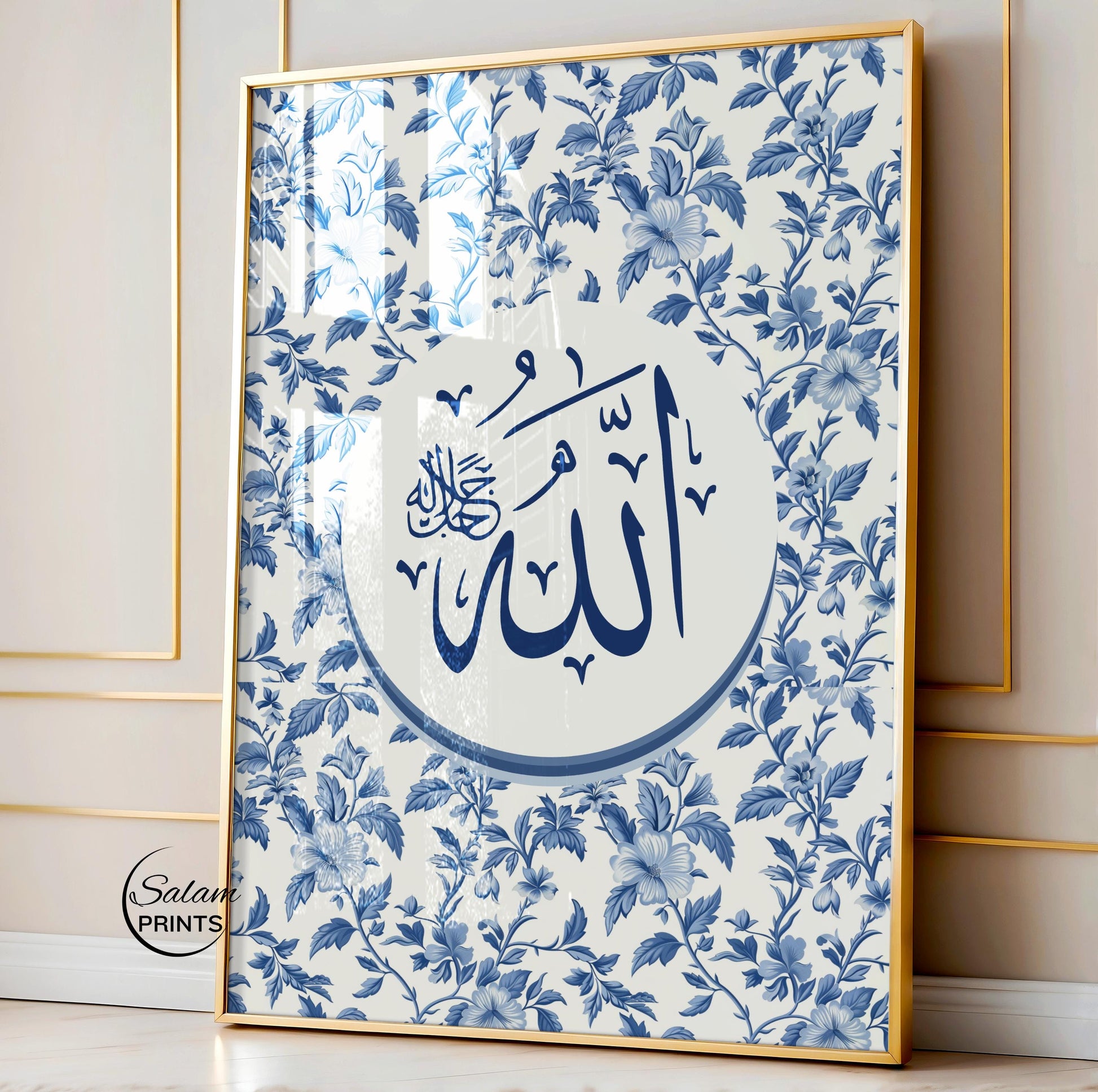Close-up of blue Arabic script on wall art