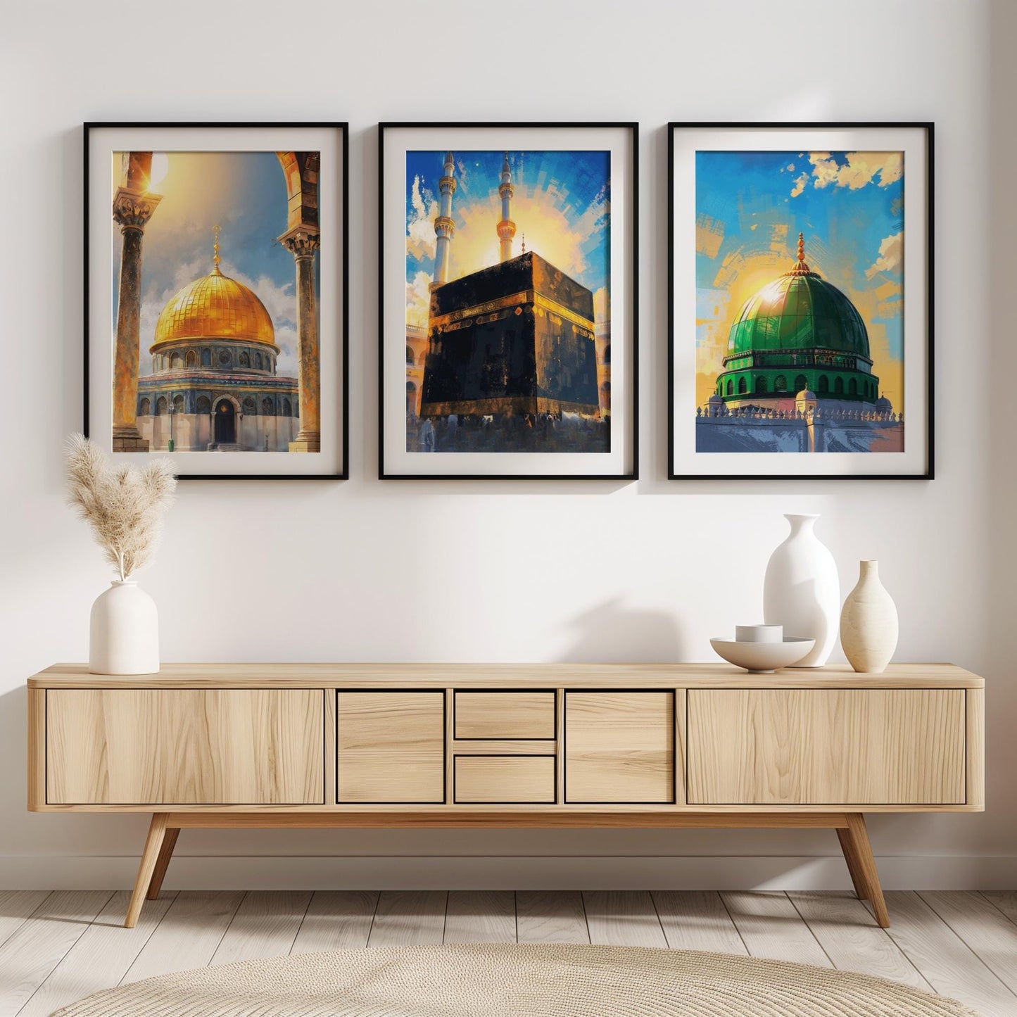 Framed abstract art featuring holy mosques