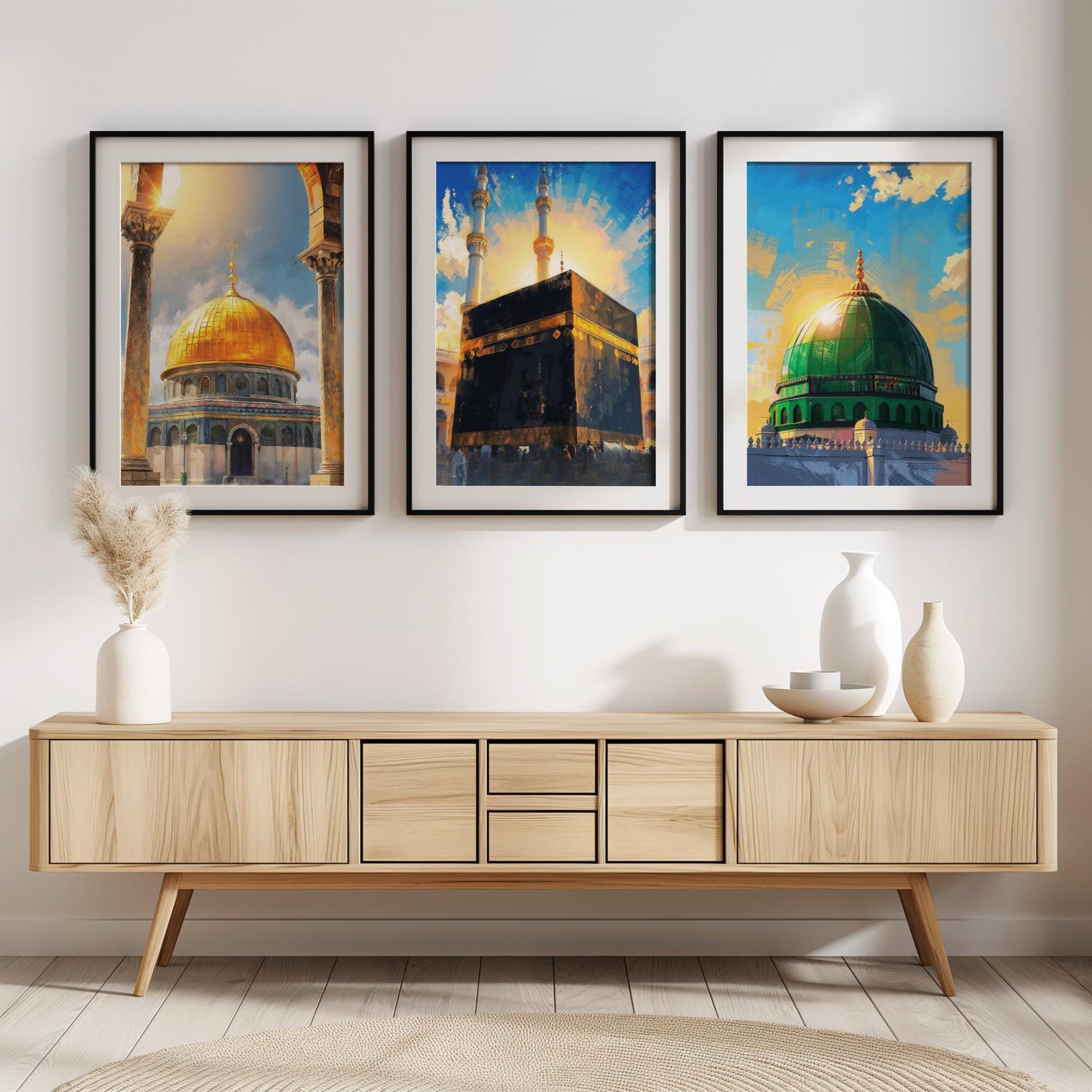 Framed abstract art featuring holy mosques