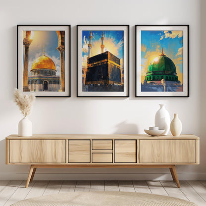 Framed abstract art featuring holy mosques