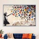 Close-up of colorful butterfly and girl motifs on canvas