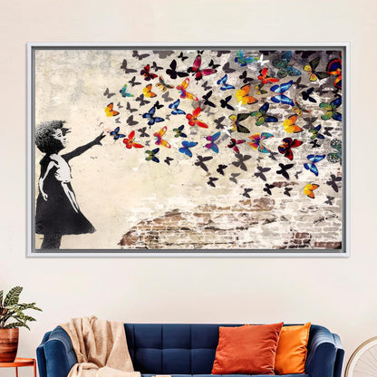 Close-up of colorful butterfly and girl motifs on canvas