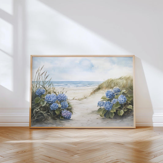 Coastal Hydrangea watercolor wall art poster - full view