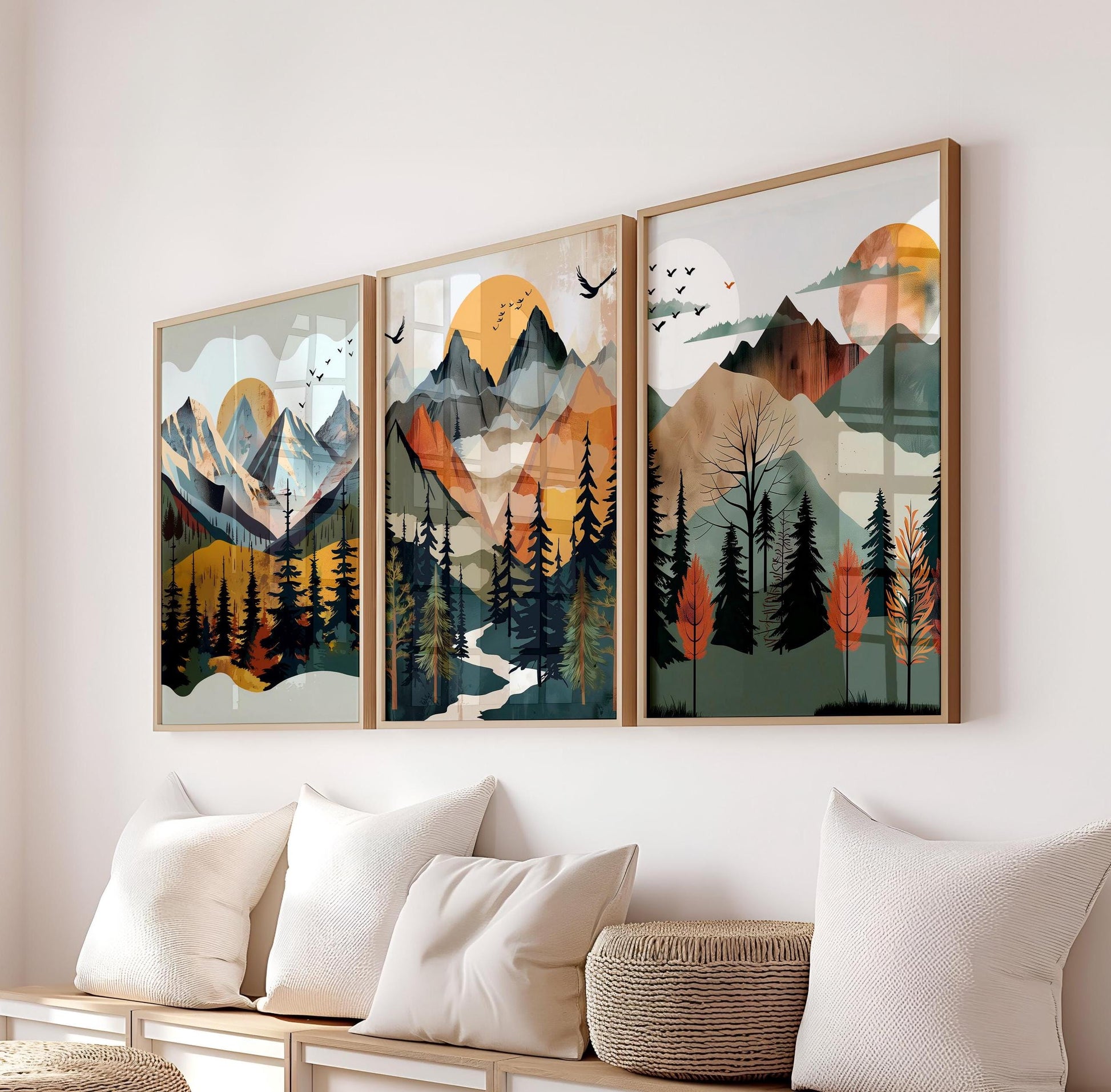 Nordic-style nursery wall art featuring mountains