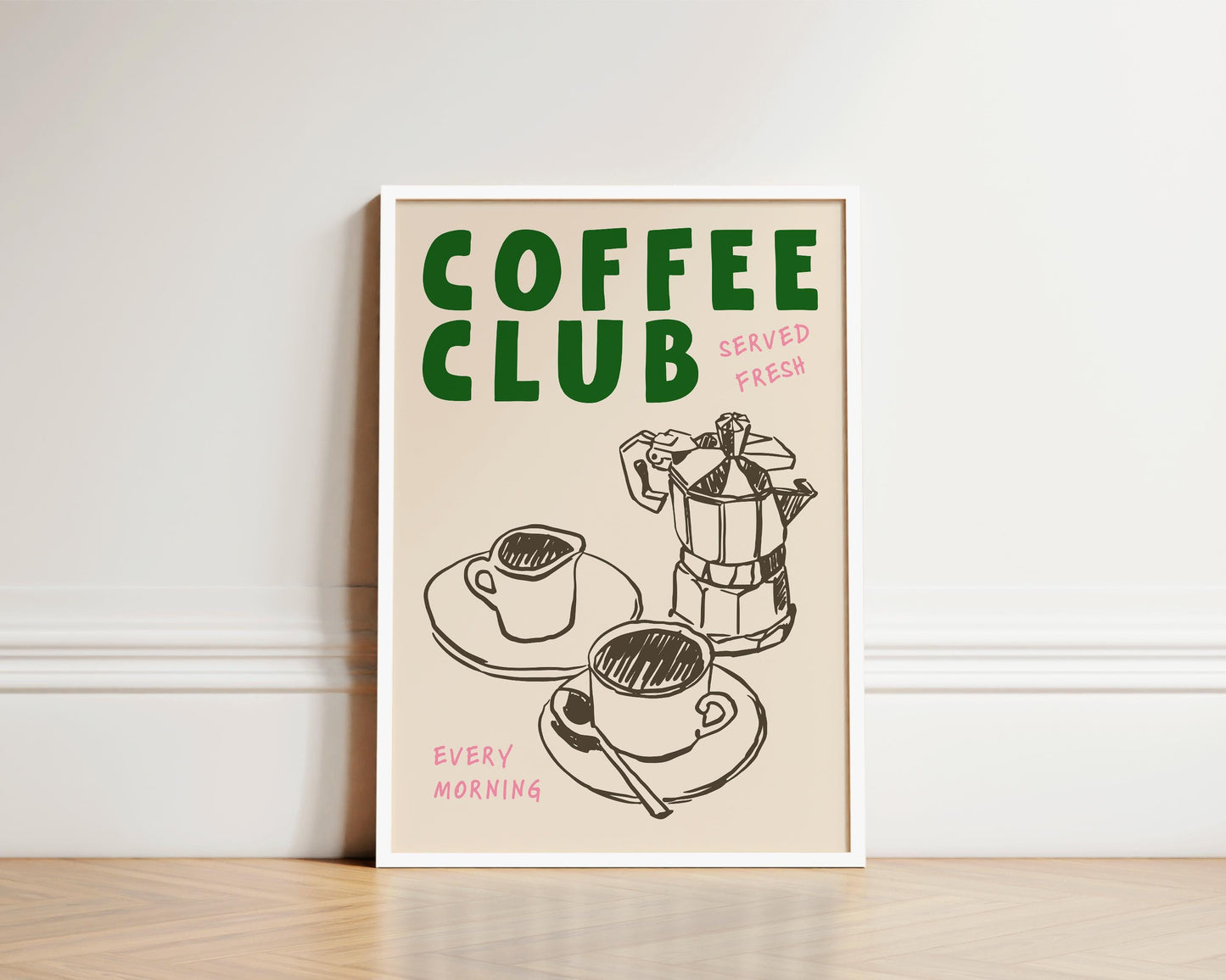 Cozy kitchen poster featuring coffee motifs and friendly lettering