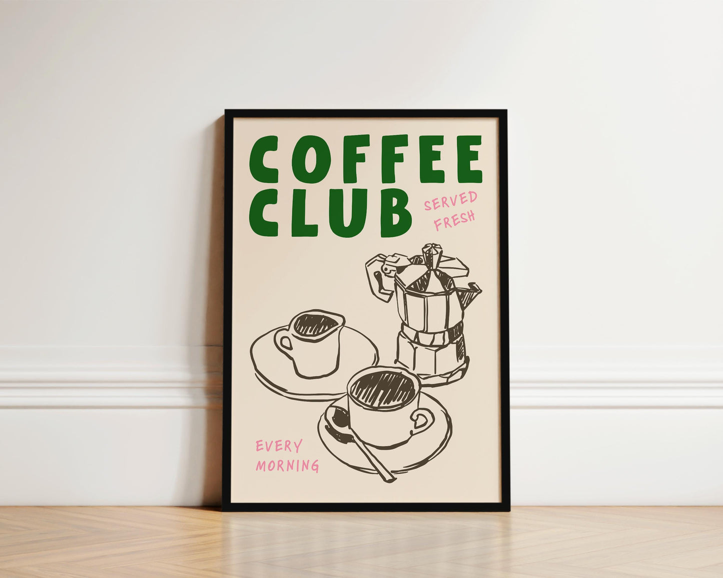 Hand-drawn coffee cups and beans in a kitchen scene - Coffee Club Kitchen Print
