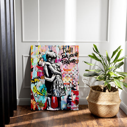 Full view of I Will Love You Forever Banksy-inspired wall art for living room decor
