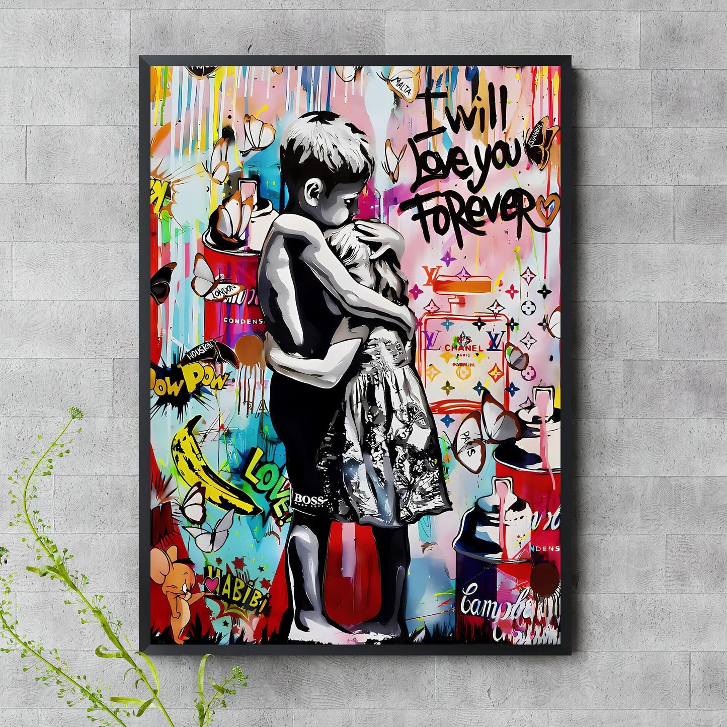 Close-up of embrace in urban street art print