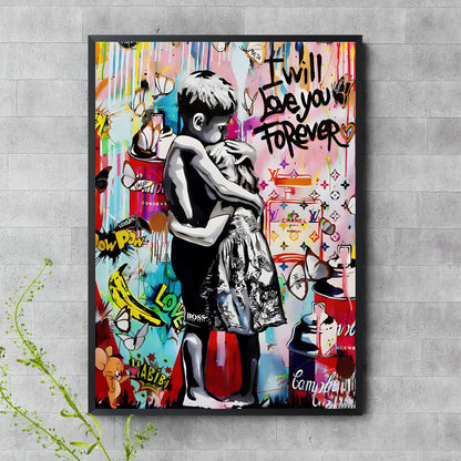 Close-up of embrace in urban street art print