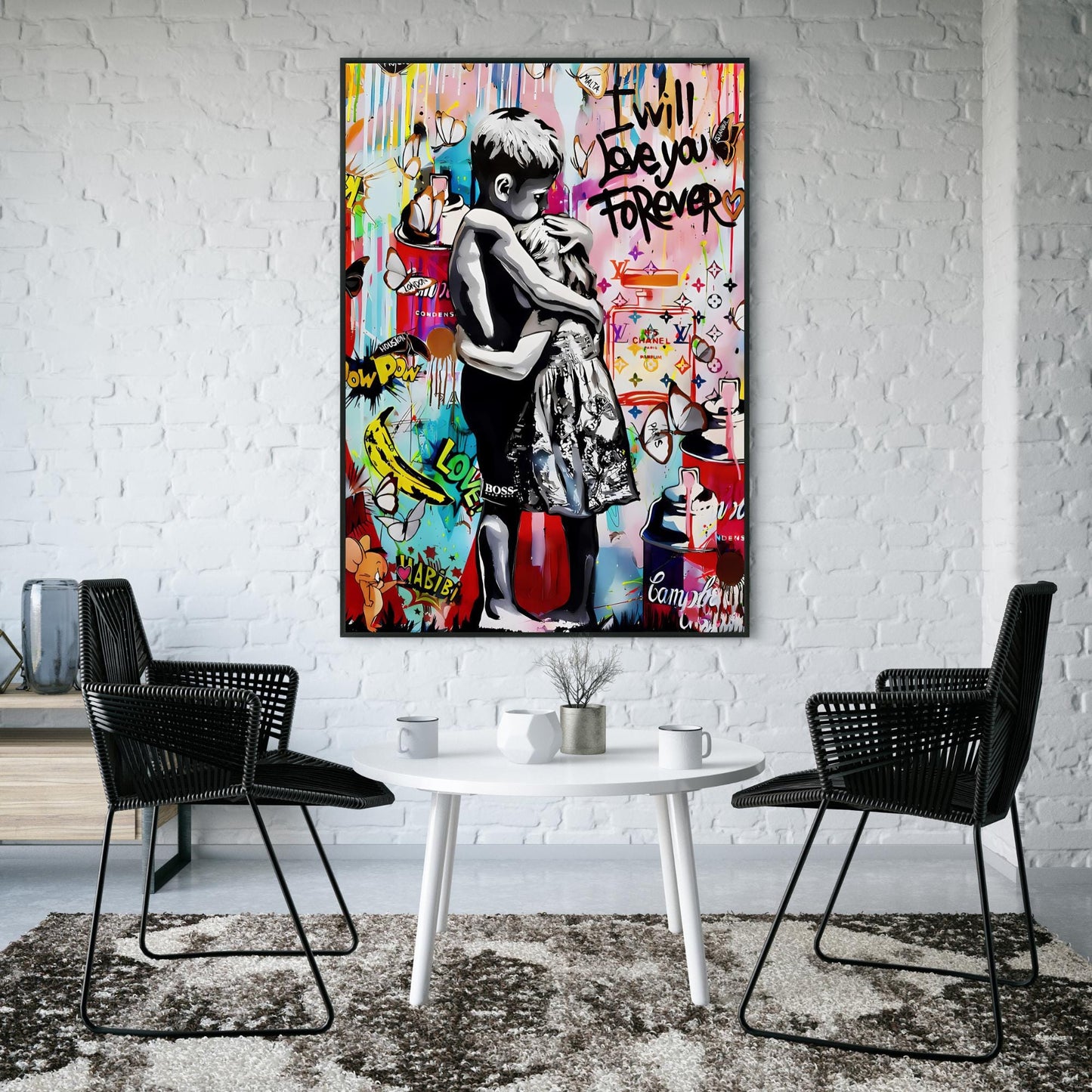 Gallery wall piece with bold pop graffiti city vibe and heartwarming embrace