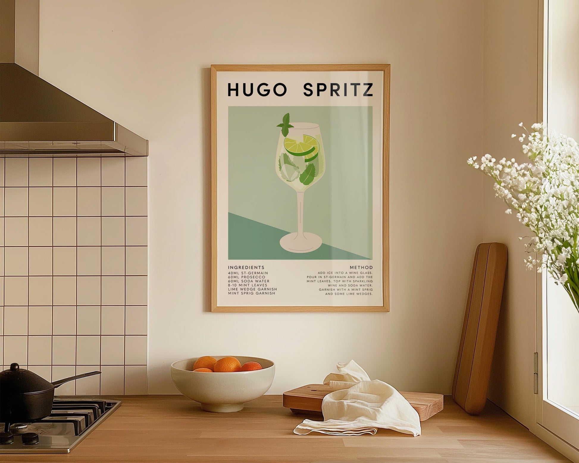Hugo Spritz kitchen decor print framed on a dining room wall