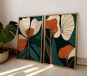 Abstract botanical wall art set of two panels with teal, green, and gold accents
