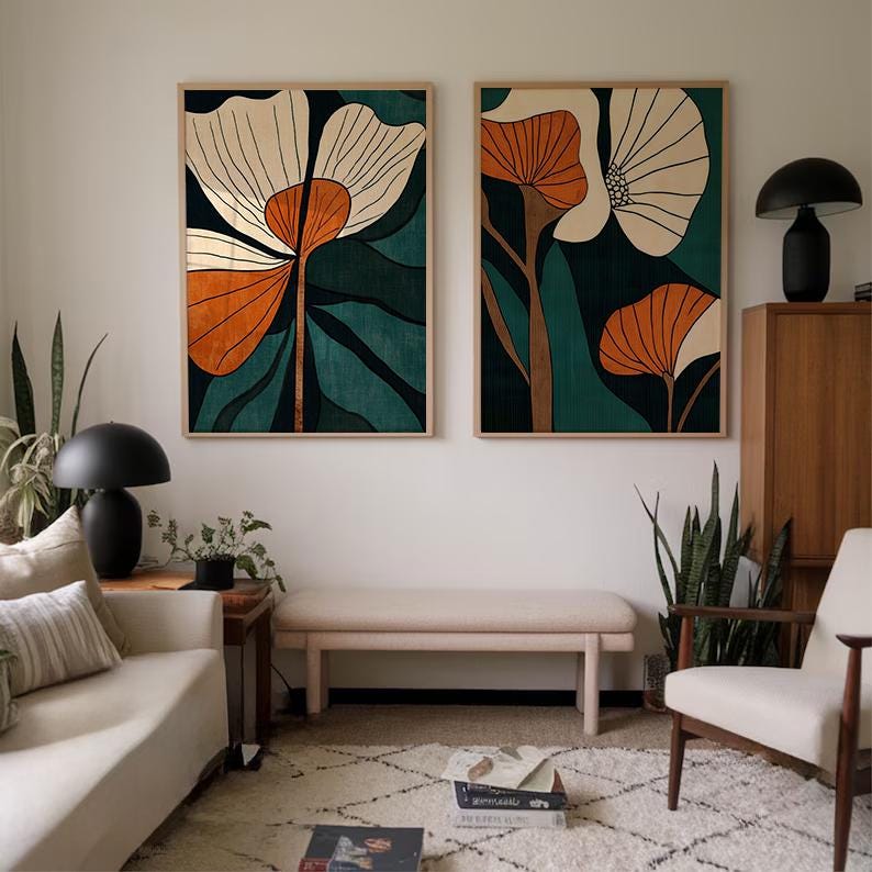 Coordinated wall art pair for living room wall display