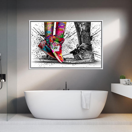 Graffiti Sneaker Kiss wall art canvas close-up with bold colors