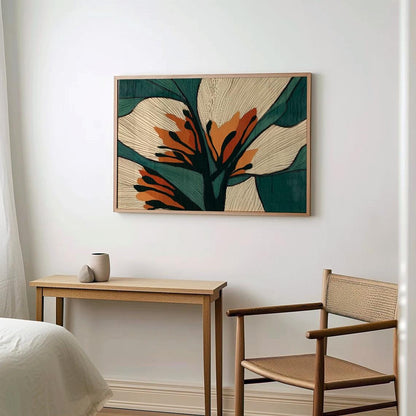 Close-up of abstract botanical design with mid-century colors