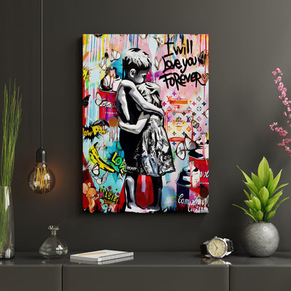 Living room wall decor featuring hug motif in pop graffiti aesthetic