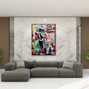Bedroom wall art with tender hug in Banksy-inspired street art style