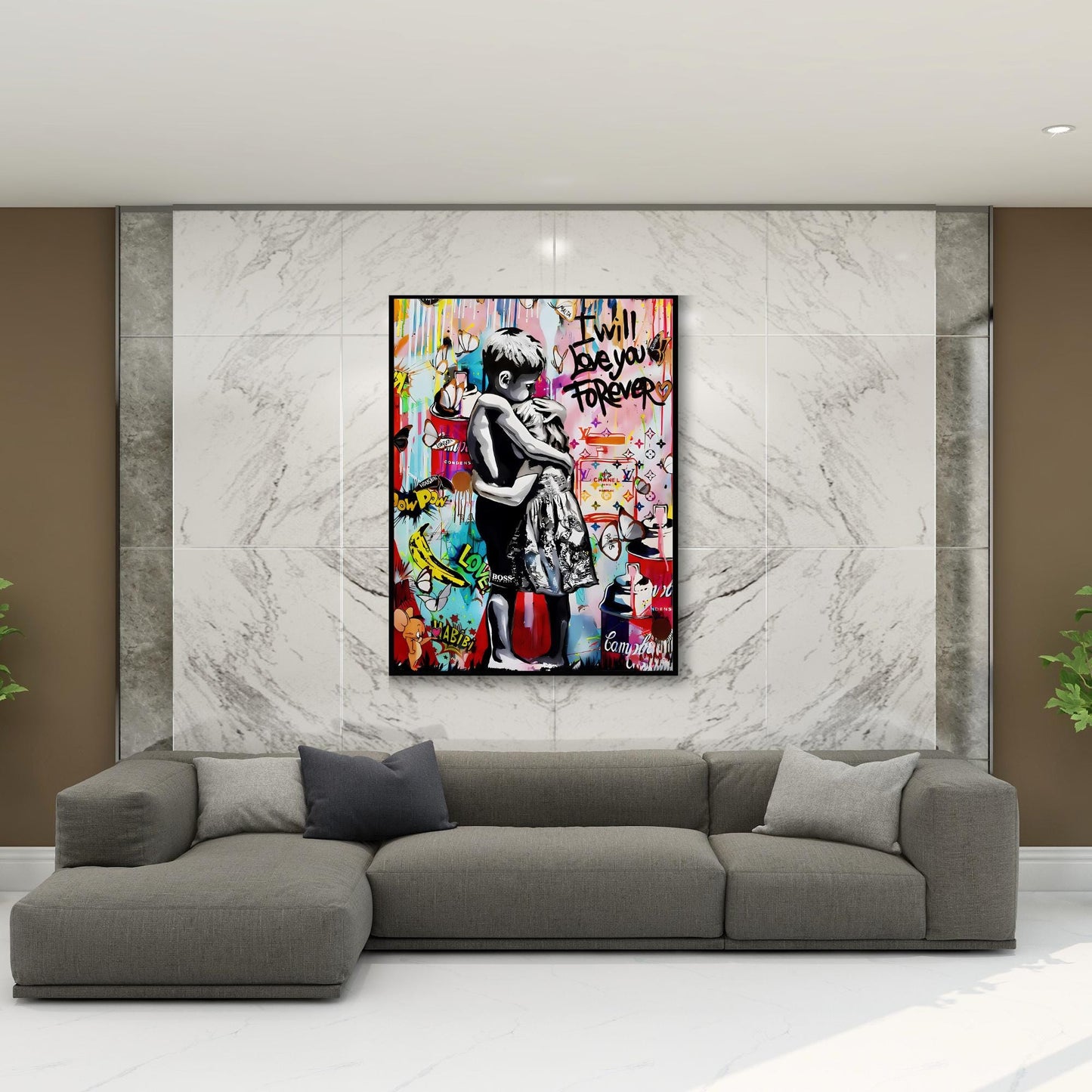 Bedroom wall art with tender hug in Banksy-inspired street art style