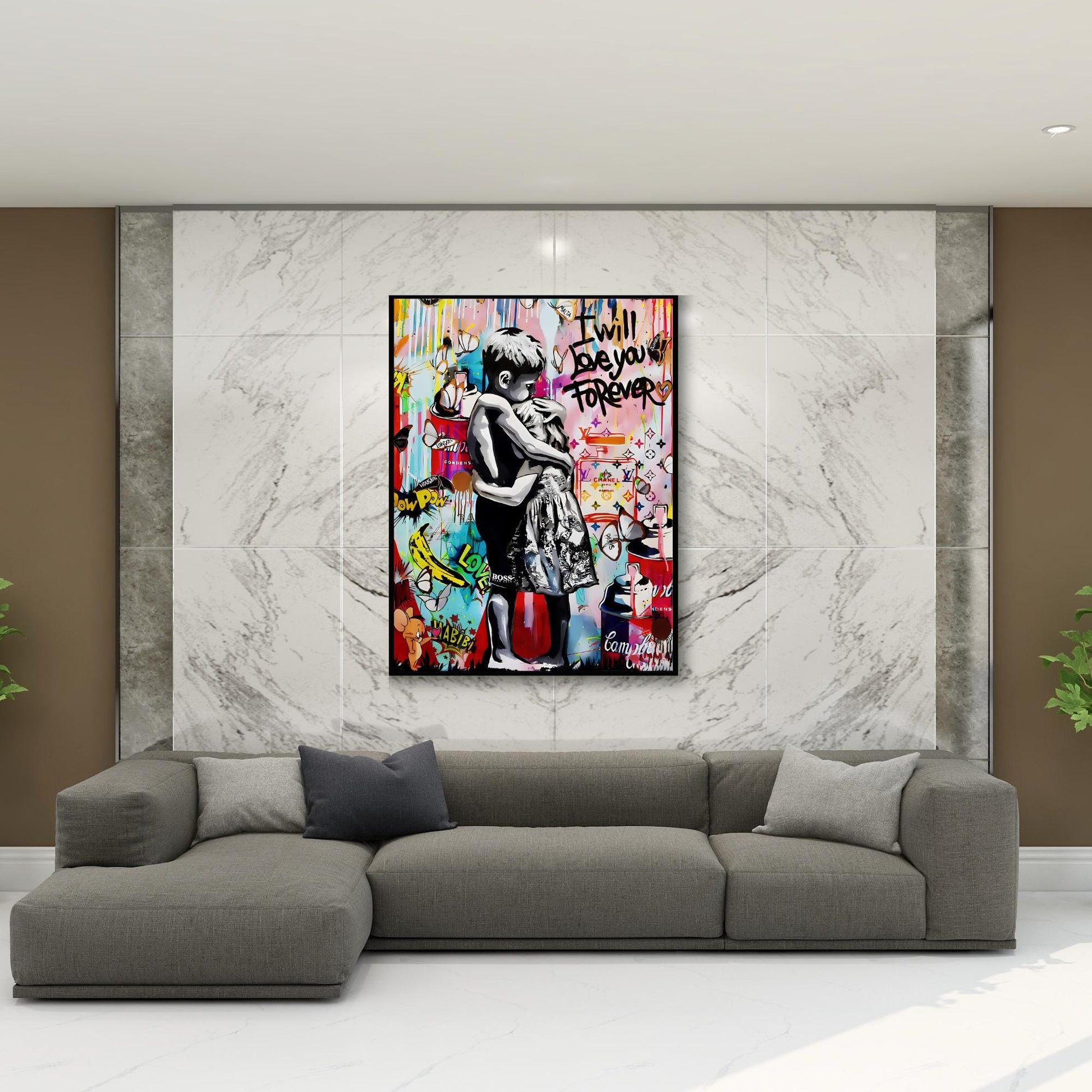 Bedroom wall art with tender hug in Banksy-inspired street art style