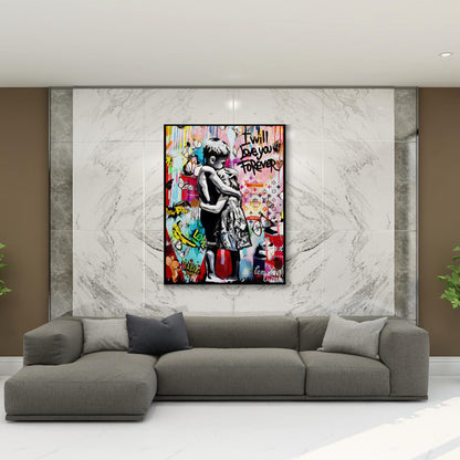 Bedroom wall art with tender hug in Banksy-inspired street art style