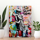 Banksy-inspired wall art showing a child and little girl hugging in pop graffiti style
