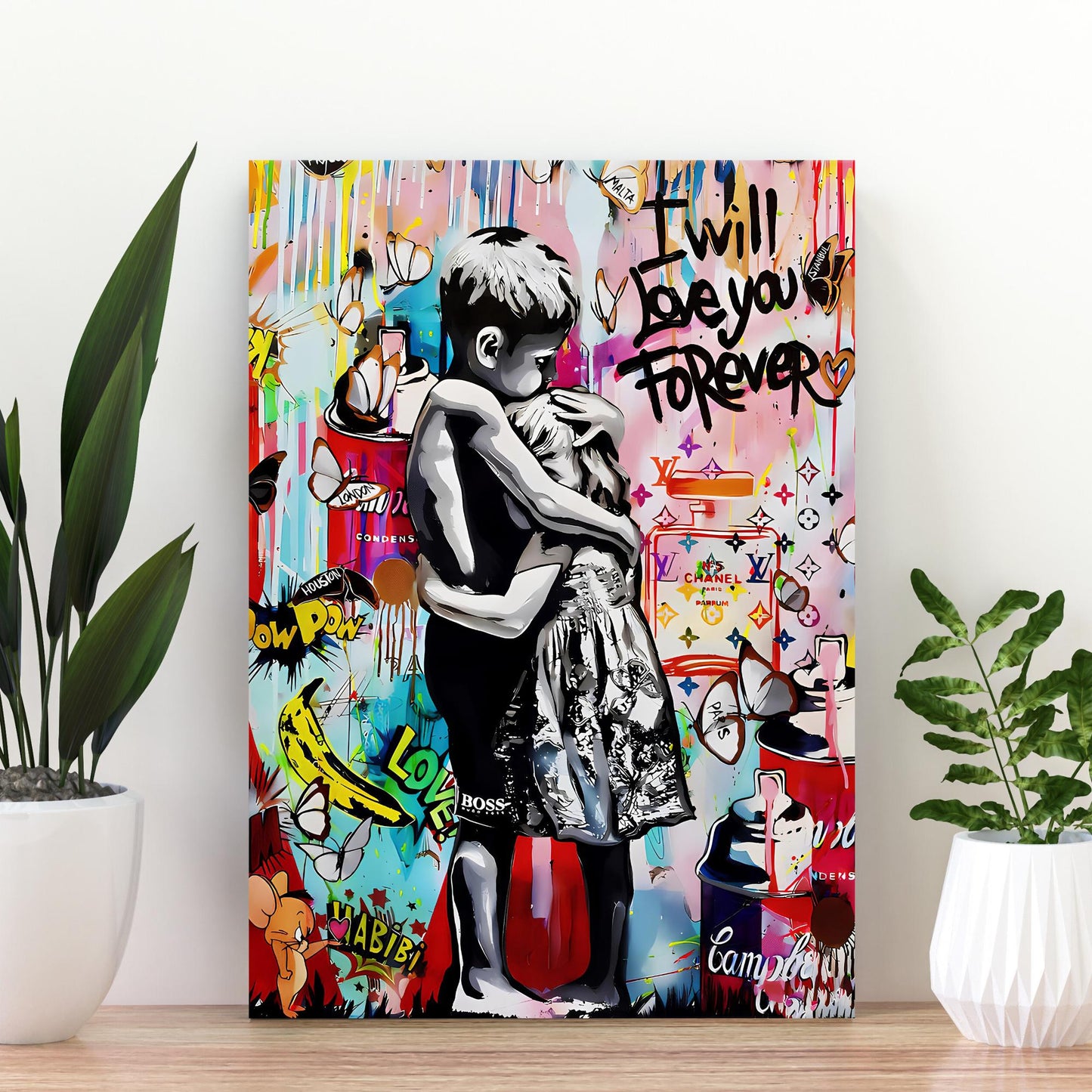 Banksy-inspired wall art showing a child and little girl hugging in pop graffiti style