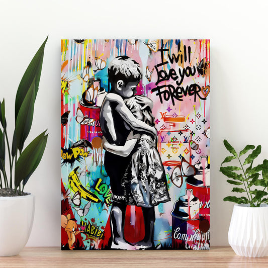 Banksy-inspired wall art showing a child and little girl hugging in pop graffiti style