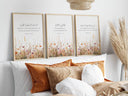 Floral Islamic wall art trio with Quranic quotes
