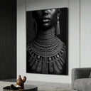 African tribal jewelry portrait on canvas – close-up detail in black and white