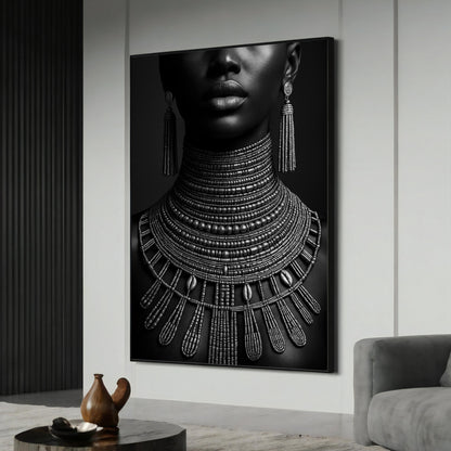African tribal jewelry portrait on canvas – close-up detail in black and white