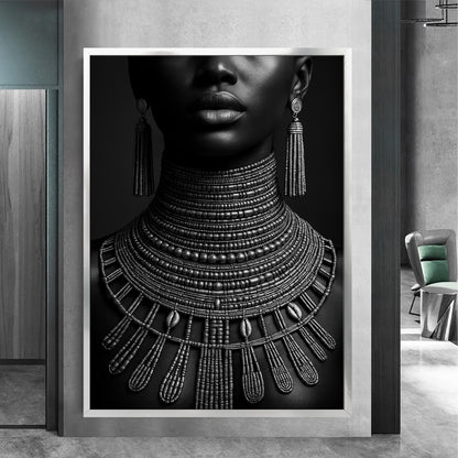 Close-up of tribal jewelry design on canvas painting