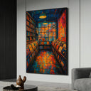 Close-up of colorful vinyl record store canvas painting with retro album art